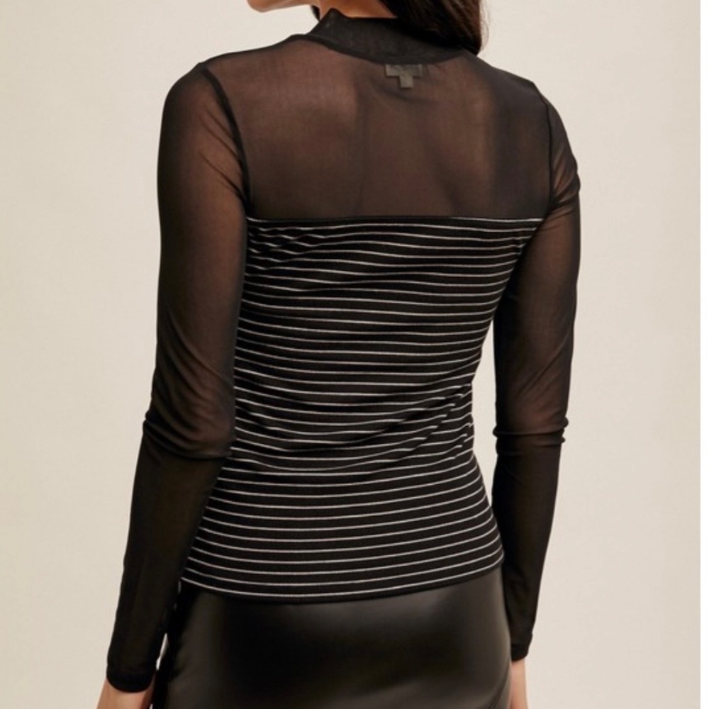 NWT Hem & Thread Mesh & Striped Mock Neck Top - Picture 2 of 2